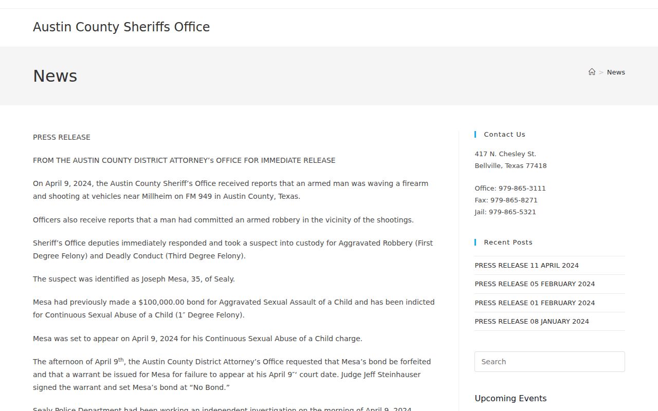 Austin County arrest news and selected sheriff operations