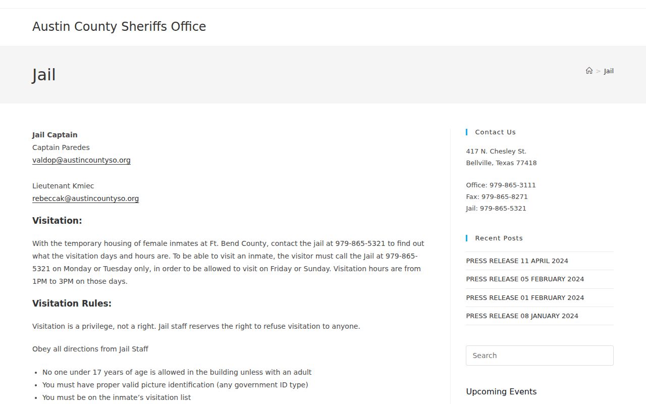Austin County arrest and booking records at the county jail
