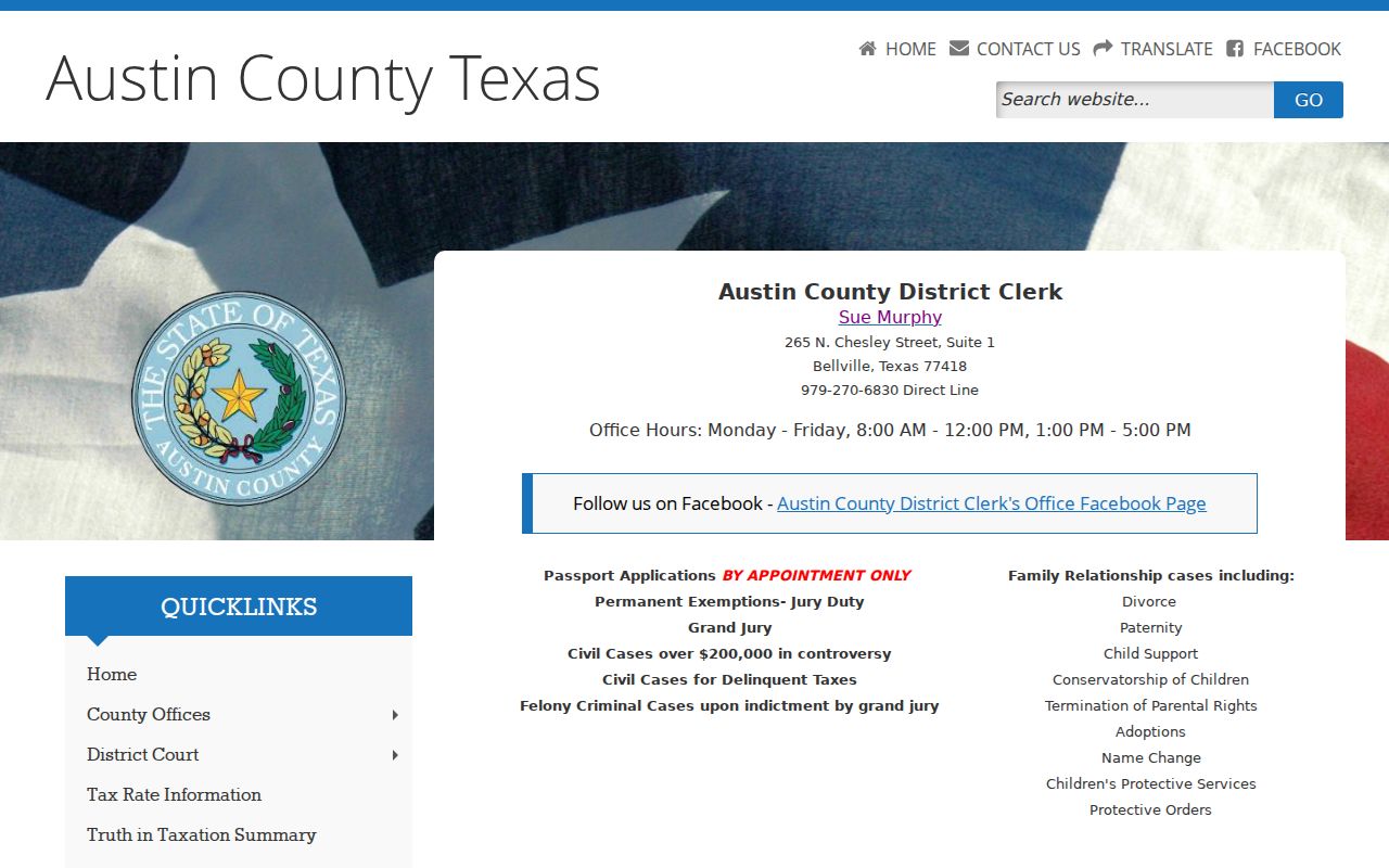 Austin County court case records at the District Clerk