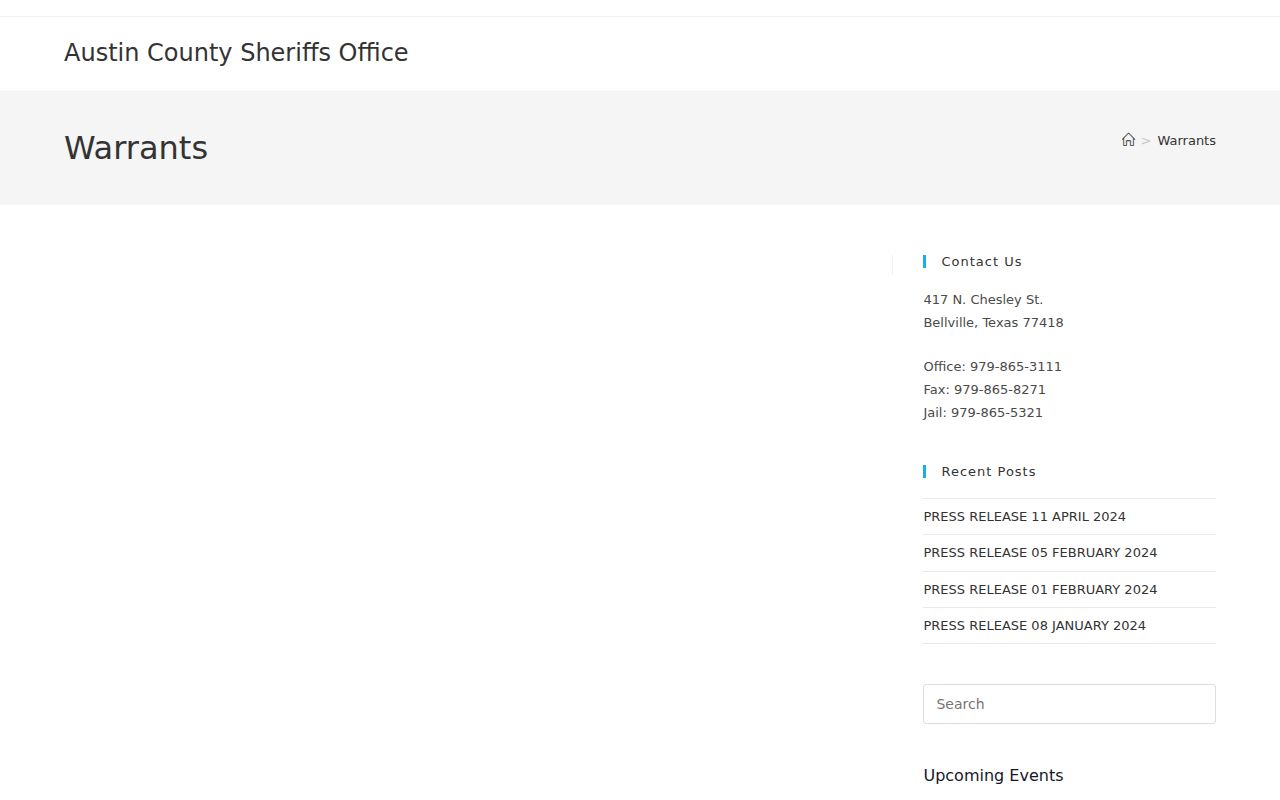 Austin County criminal history sheriff warrant information