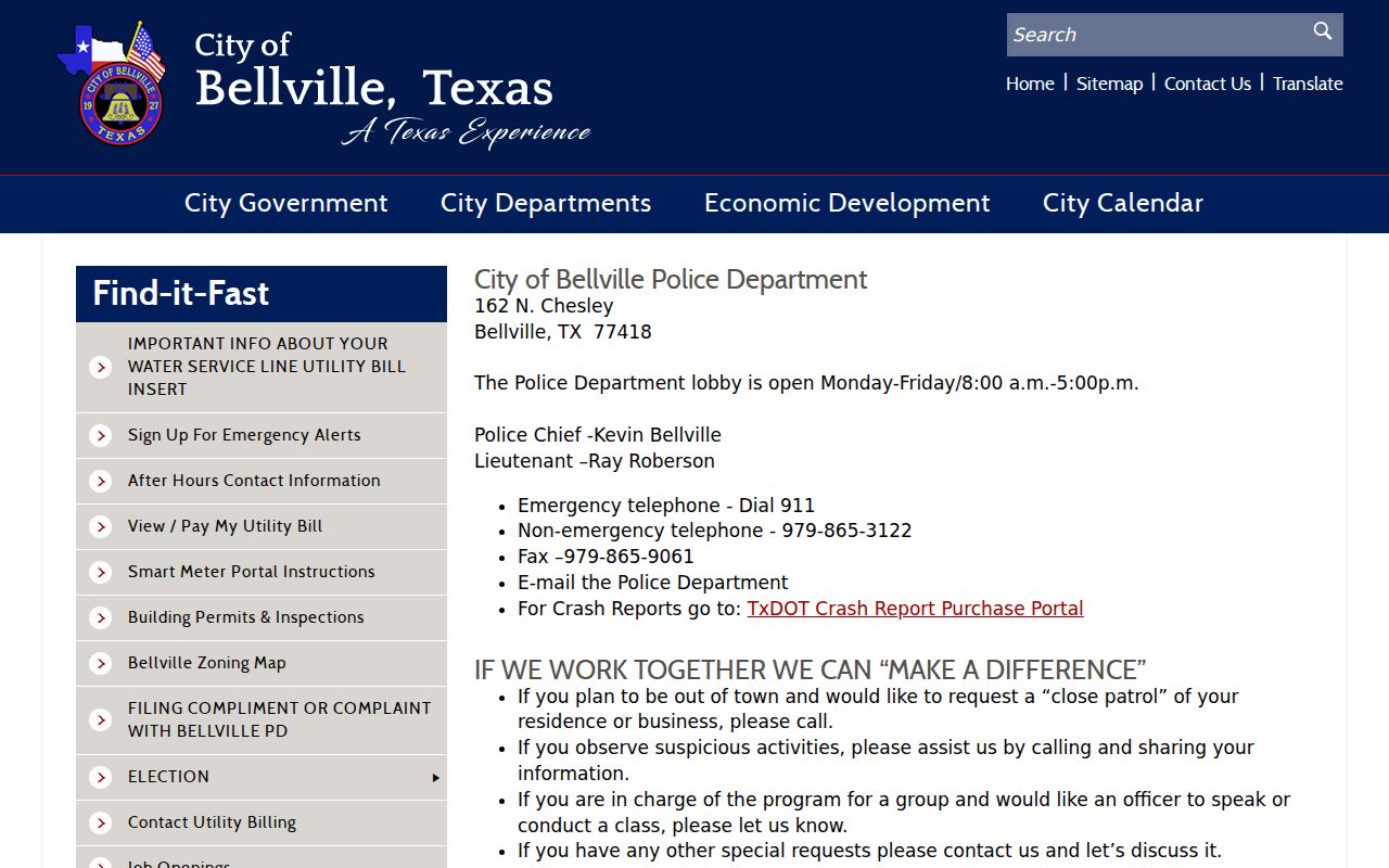 Bellville Police Department records office in Bellville Texas
